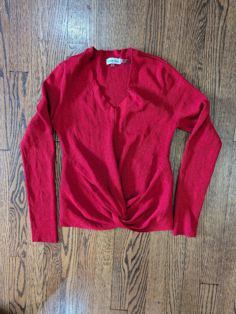 Calvin Klein Metallic Red V-Neck Twist Front Women's Sweater
